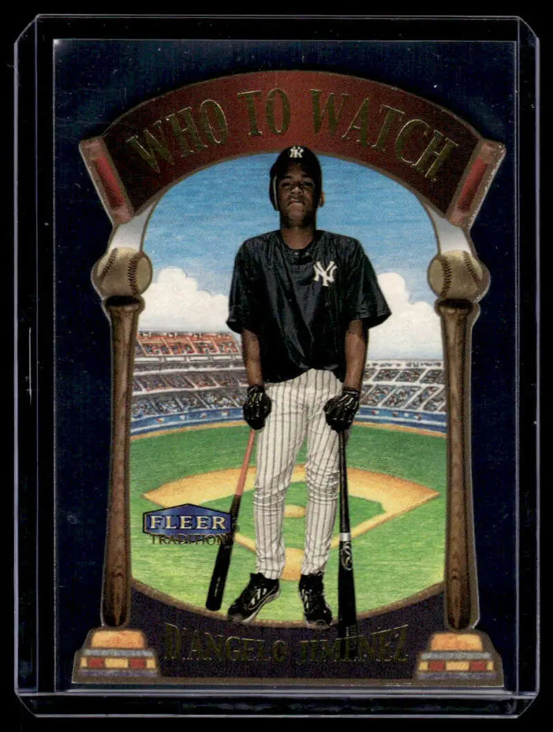 Baseball card of D’Angelo Jimenez in New York Yankees pinstripe uniform from Fleer Tradition