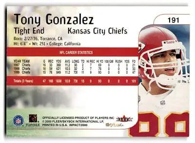 Tony Gonzalez trading card 2000 Impact #191 featuring the football legend