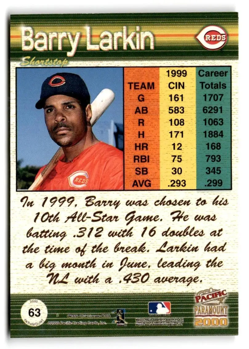 Barry Larkin Copper baseball card from 2000 Pacific Paramount #63 collectible set