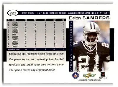 Deion Sanders trading card 2000 Score #220 showcasing iconic sports memorabilia