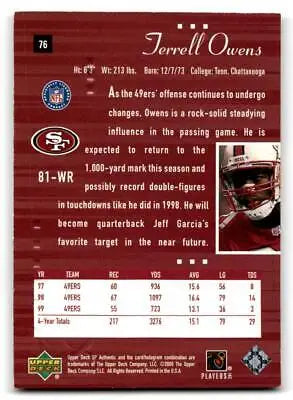 Terrell Owens 2000 SP Authentic #76 trading card for sports card collectors