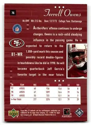 Terrell Owens football card from 2000 SP Authentic #76 trading cards collection