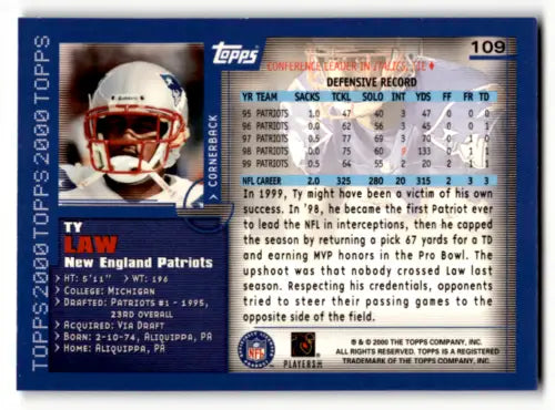 2000 Topps #109 Ty Law NM Near Mint Patriots Football Trading Card with original gloss