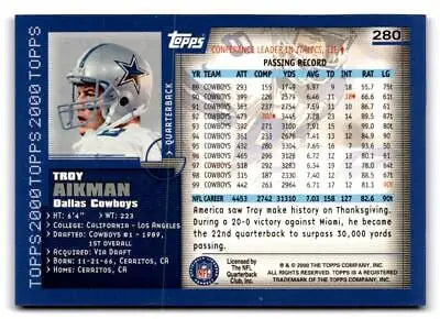 Troy Aikman trading card from 2000 Topps #280 featuring the legendary quarterback