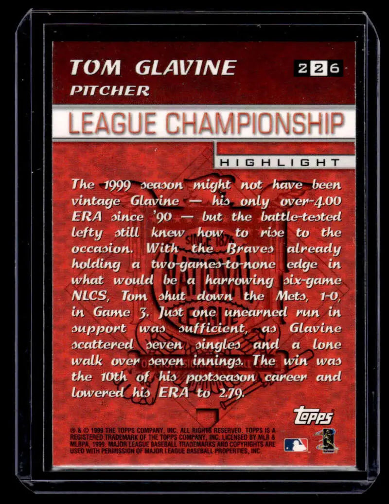 Back of 2000 Topps Chrome Tom Glavine Baseball Card highlighting 1999 League Championship