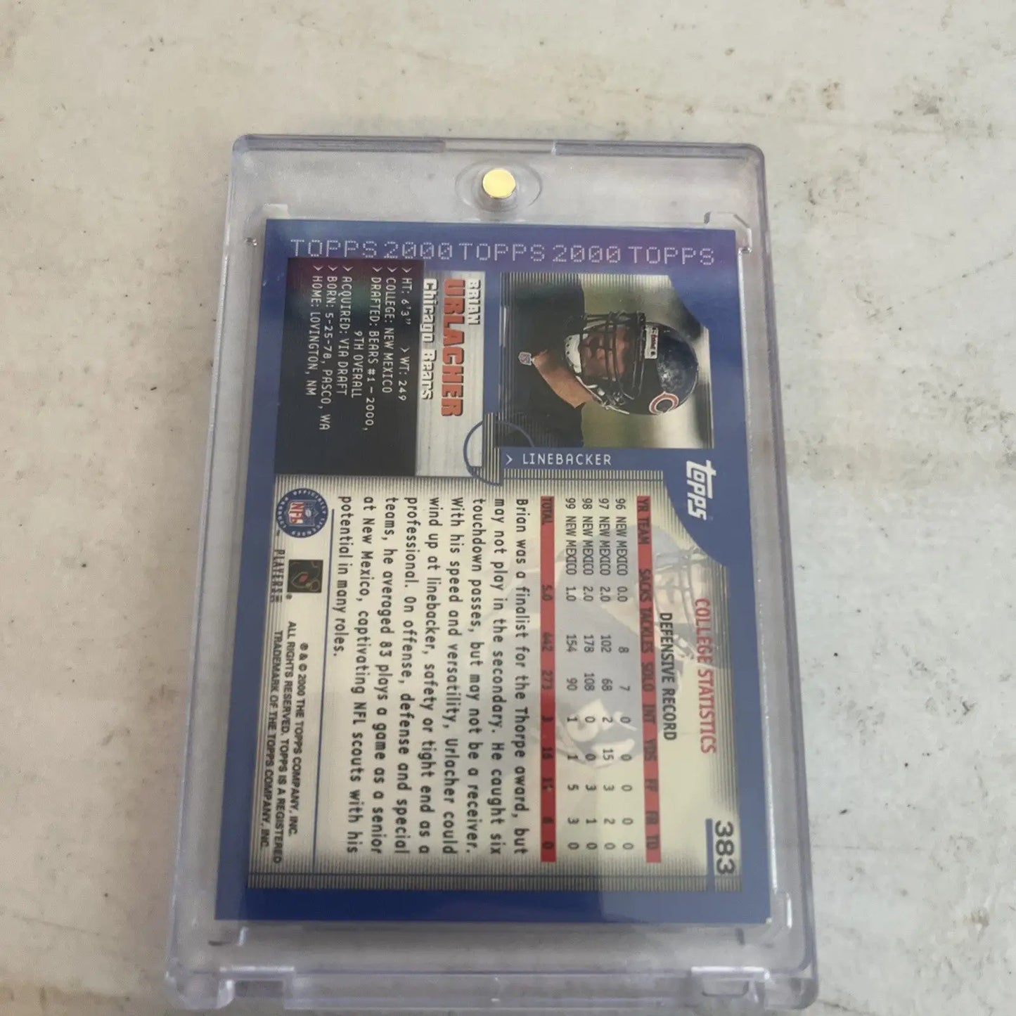 Brian Urlacher trading card from 2000 Topps Collection NFL Draft Pick #383 HOF