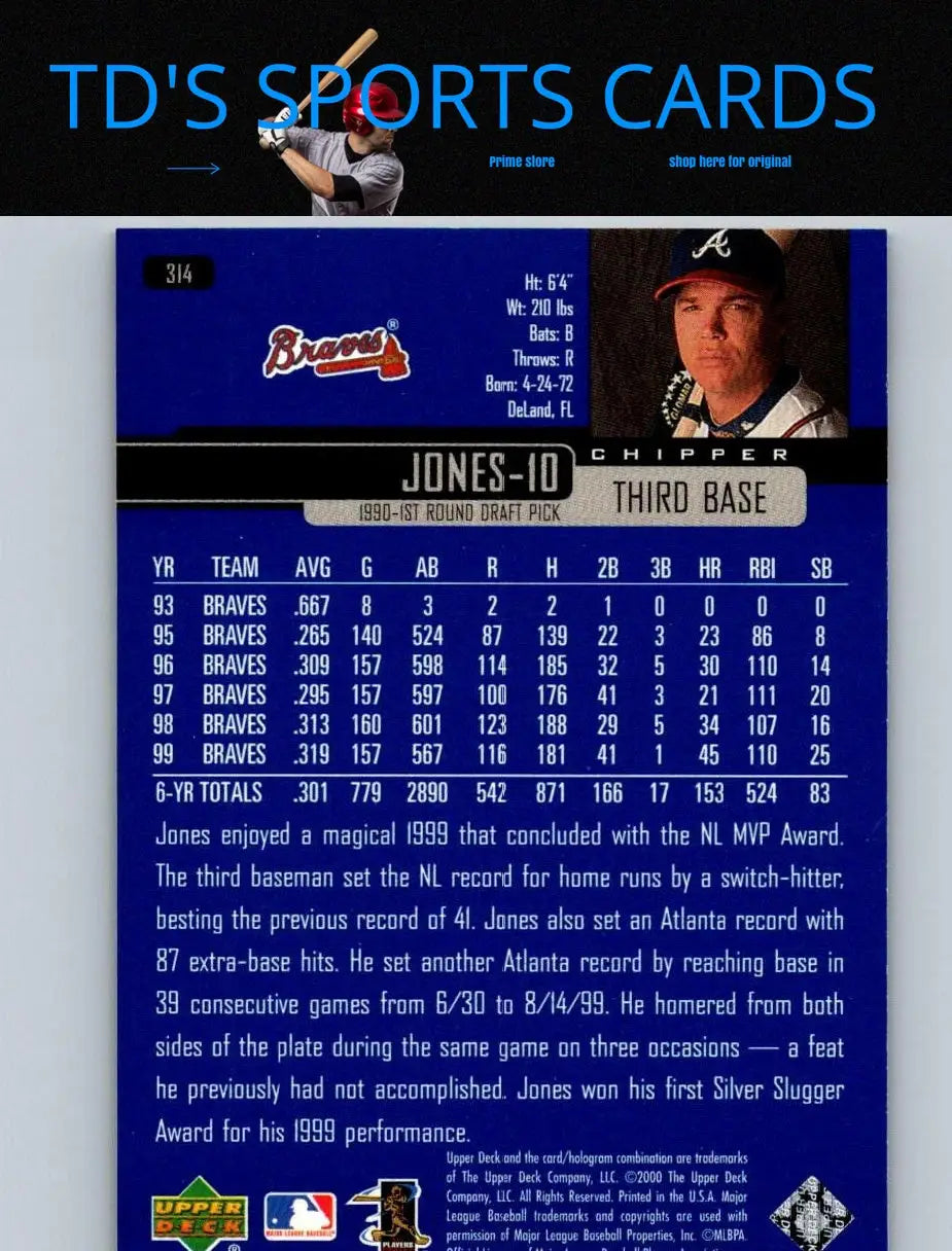 Chipper Jones 2000 Upper Deck #314 trading card featuring iconic baseball imagery