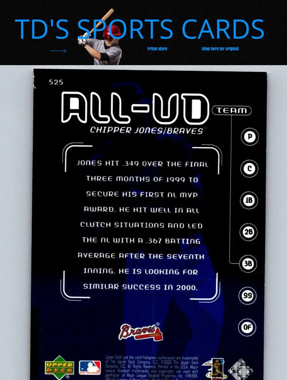 Chipper Jones 2000 Upper Deck #525 trading card featuring iconic baseball player