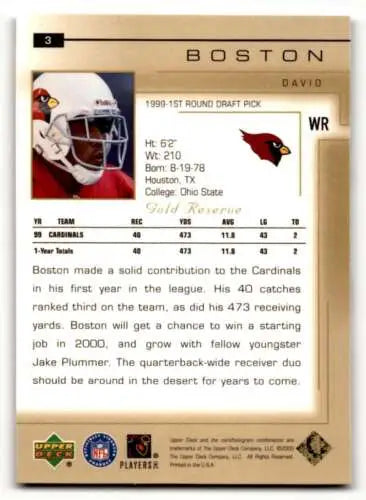 2000 Upper Deck Gold Reserve #3 David Boston Arizona Cardinals original gloss football card