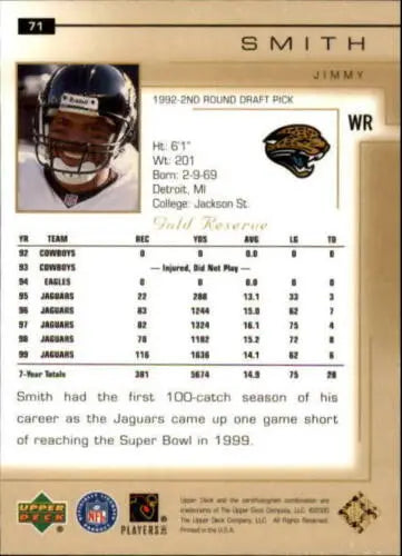 2000 Upper Deck Gold Reserve #71 Jimmy Smith football card in original gloss condition