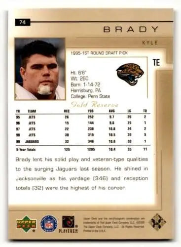 Kyle Brady football card from 2000 Upper Deck Gold Reserve with original gloss finish