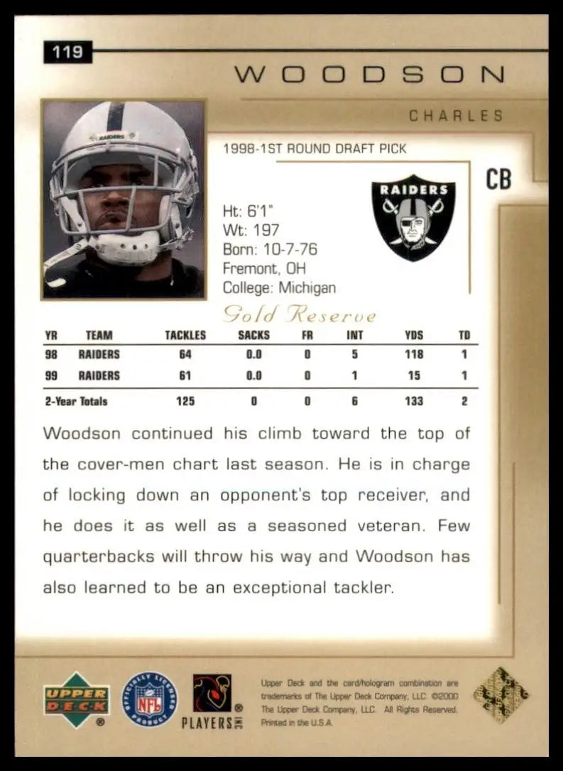 2000 Upper Deck Gold Reserve Charles Woodson #150 Oakland Raiders Football - Football Card