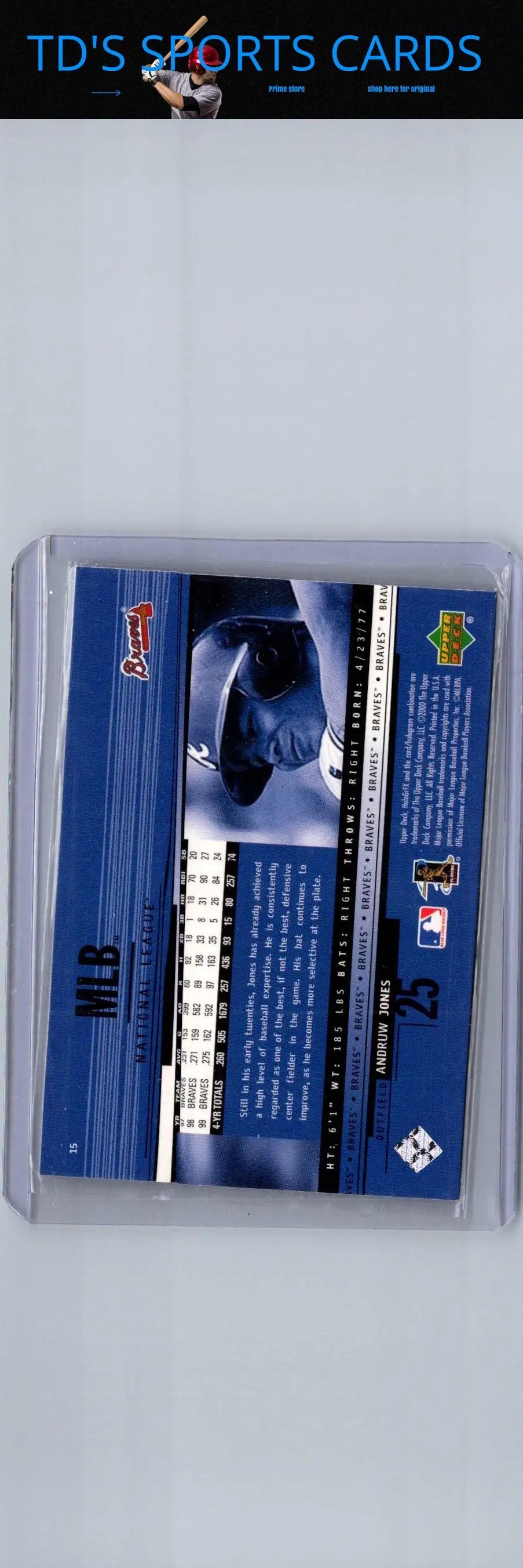 Baseball card of Andruw Jones in protective case from 2000 Upper Deck HoloGrFX