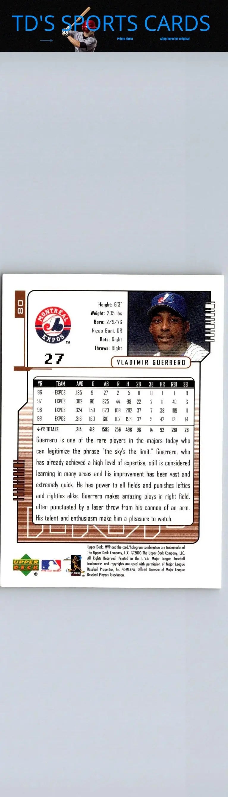 Back of 2000 Upper Deck MVP #80 Vladimir Guerrero baseball card showcasing player stats