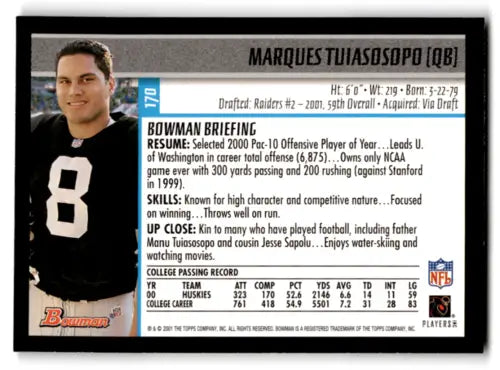 2001 Bowman Marques Tuiasosopo Rookie Raiders trading card original gloss NM-MT RC