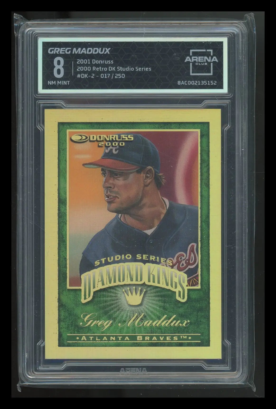 Graded Greg Maddux baseball card from 2001 Donruss Retro DK Studio Series Diamond Kings