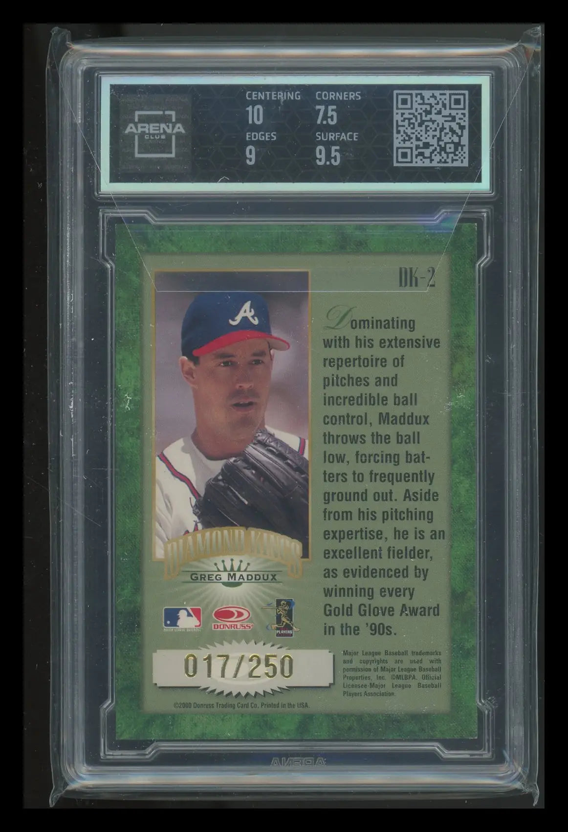 Graded Greg Maddux baseball card from 2001 Donruss Retro DK Studio Series Diamond Kings
