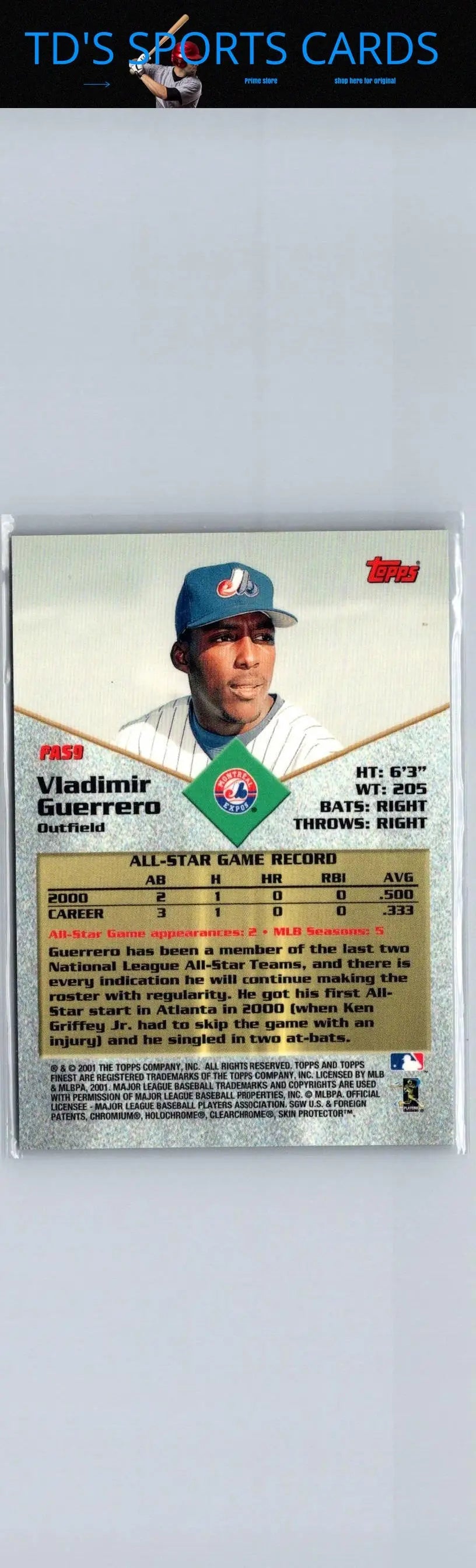 2001 Finest FAS9 Vladimir Guerrero All-Stars baseball card collectible image