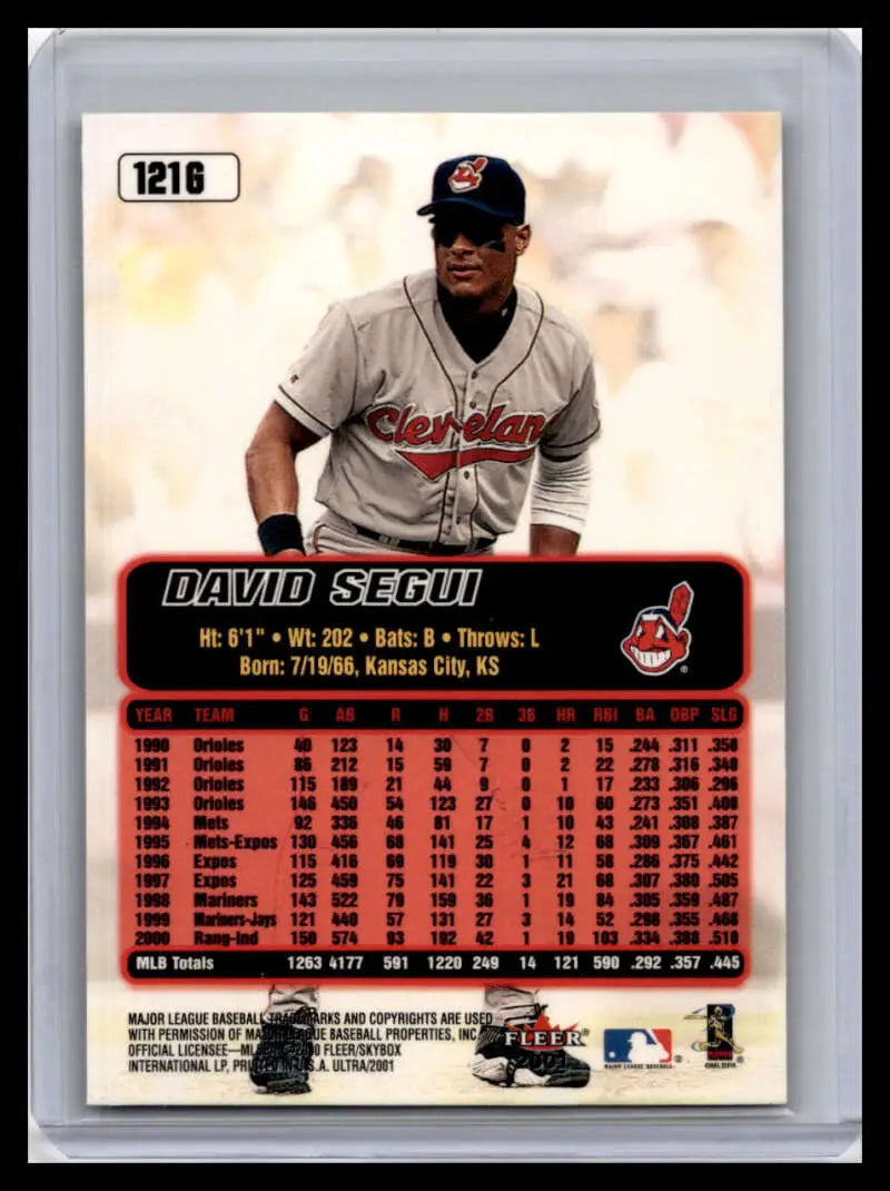 Cleveland Indians Baseball Card of David Segui in gray road uniform, 2001 Ultra #121G