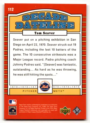 Baseball card back featuring original gloss from 2001 Upper Deck Decade 1970s Tom Seaver