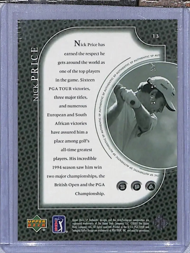 Back side of 2001 Upper Deck SP Authentic Nick Price Golf Card with text and photo