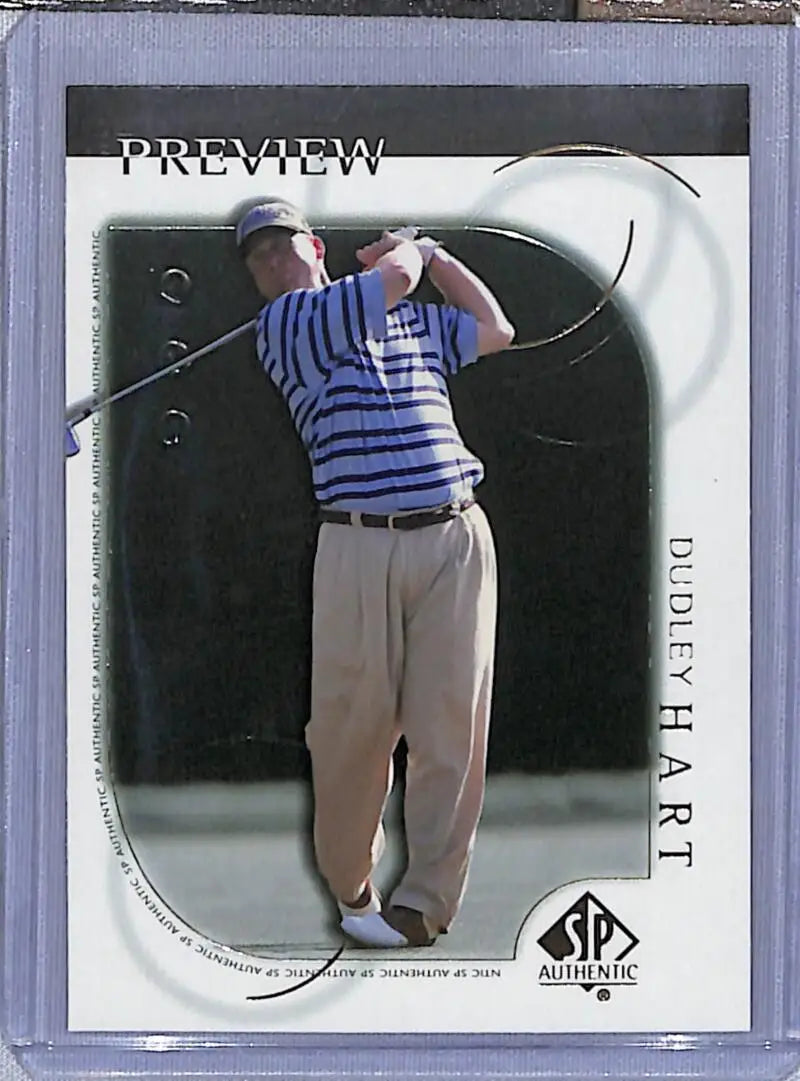 Trading card of Dudley Hart in a striped shirt mid-swing from Upper Deck Golf Card