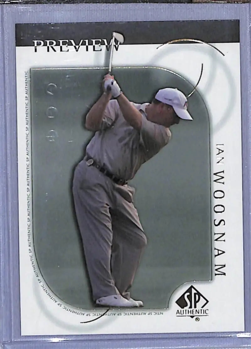 Golf trading card of Ian Woosnam mid-swing in grey attire from Upper Deck