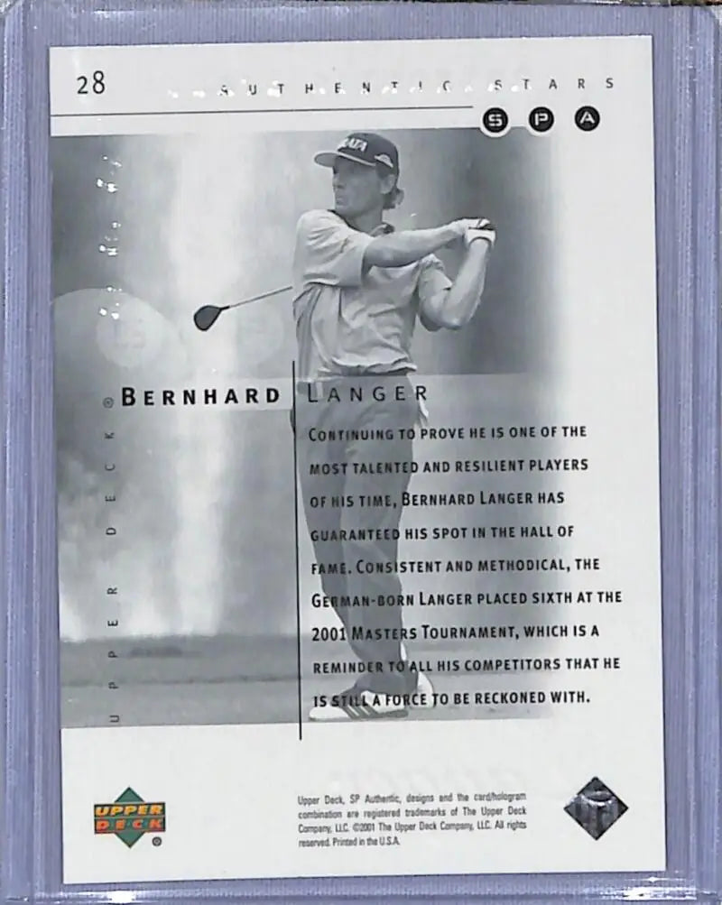 Black and white golf card of Bernhard Langer mid-swing from Deck SP Authentic