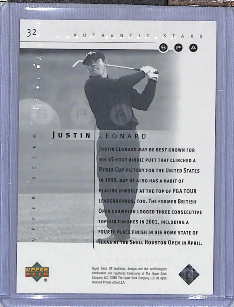 Black and white golf trading card of Justin Leonard mid-swing from Upper Deck SP Authentic
