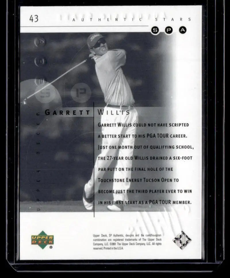 Black and white golf card of Garrett Willis mid-swing from Deck SP Authentic