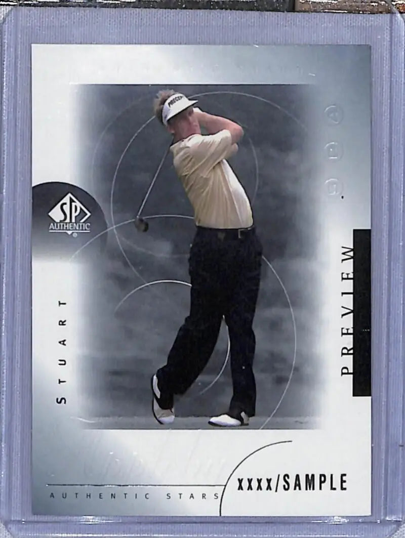 Golf trading card of Stuart Appleby mid-swing in black and white attire from Upper Deck SP Authentic