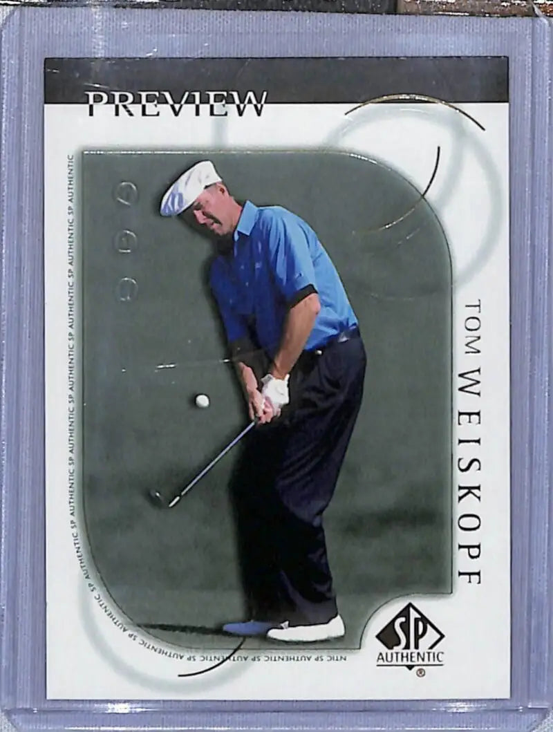 Golf trading card of Tom Weiskopf in blue shirt mid-swing from Upper Deck SP Authentic