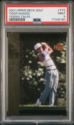 Graded Upper Deck Tiger Woods trading card from 2001 Tiger’s Tales series PSA 9