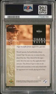 Graded Tiger Woods trading card from Upper Deck Tiger’s Tales series in PSA 9 condition