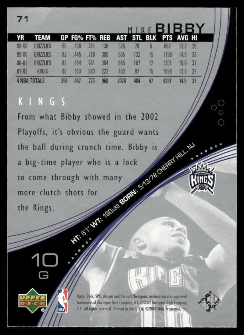 Back of a 2002-03 Upper Deck Mike Bibby basketball card with stats and bio