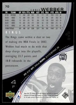Upper Deck NBA Chris Webber trading card with career stats and translucent image