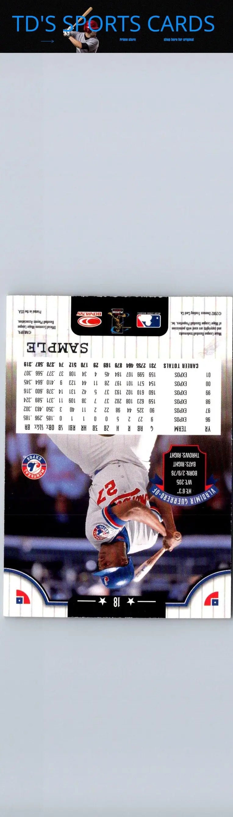Baseball card back featuring Vladimir Guerrero from 2002 Donruss #18 collectible card