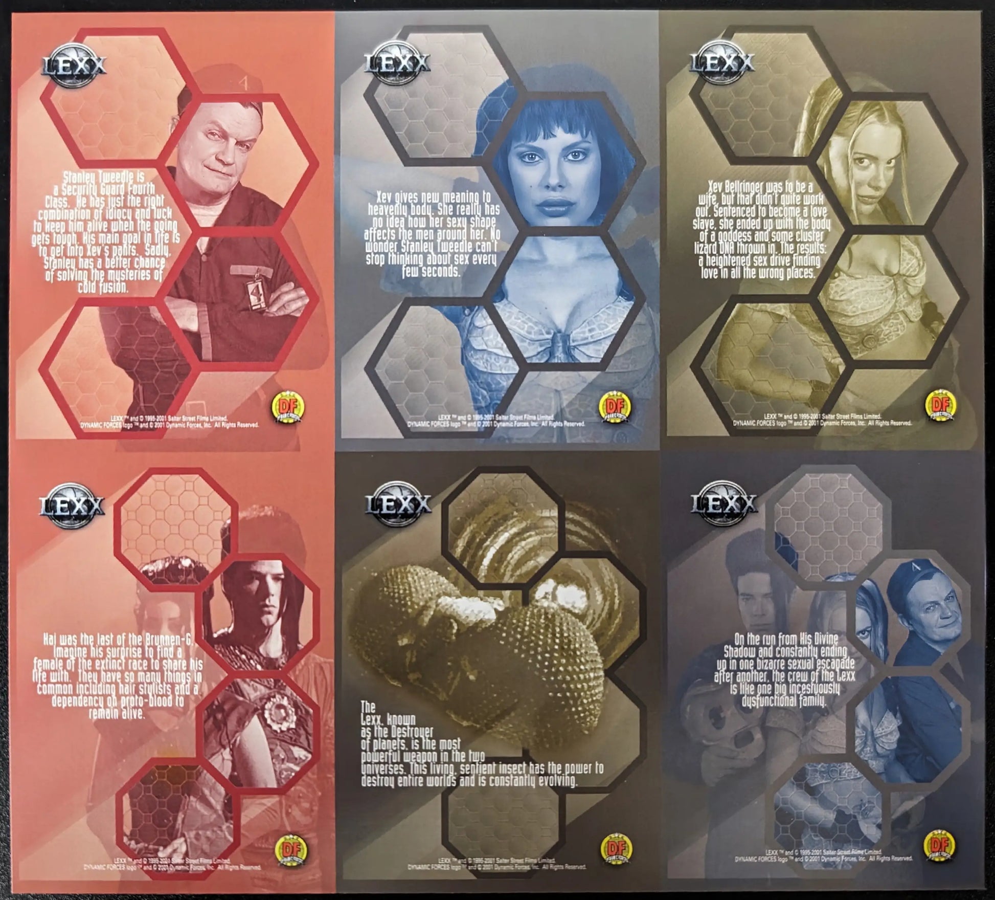 Collection of hexagonal character cards from Dynamic Forces Lexx Uncut Sheet