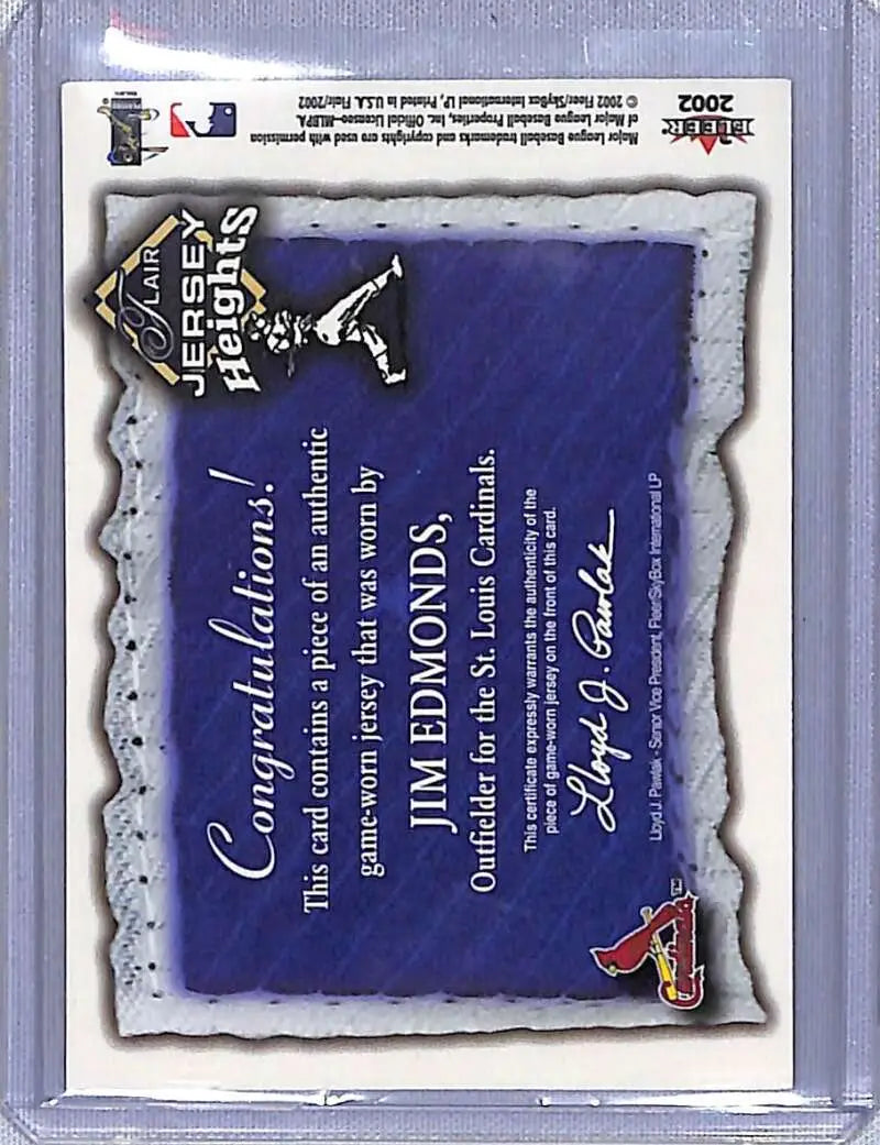 Blue award card with silver borders in holder, featuring Jim Edmonds Baseball Card