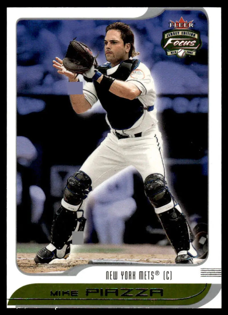 Baseball catcher in white gear preparing to catch ball, Mike Piazza Fleer Focus Jersey Edition