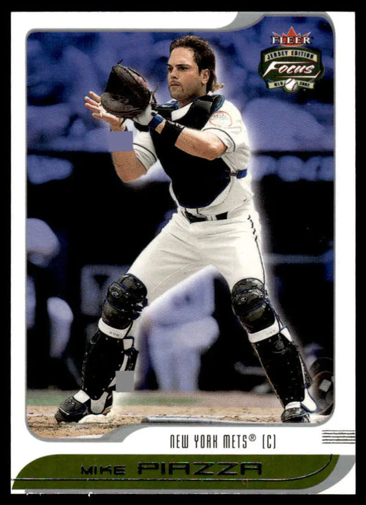Baseball catcher in white gear preparing to catch ball, Mike Piazza Fleer Focus Jersey Edition