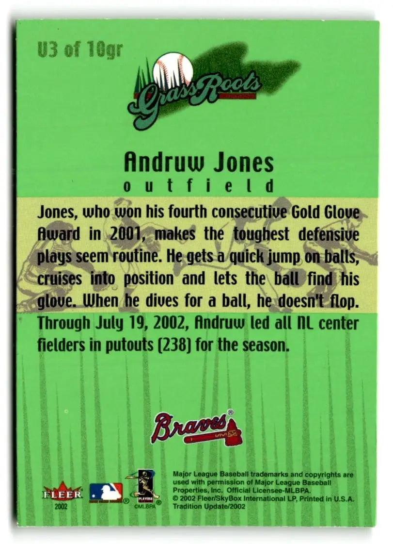 Andruw Jones baseball card from 2002 Fleer Tradition Update #U3 Grass Roots edition