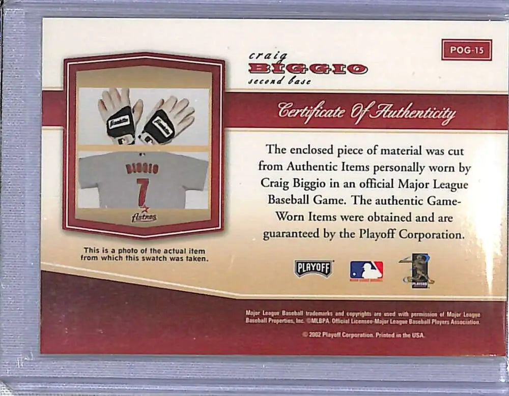 Certificate of authenticity for Craig Biggio materials baseball card with gloves artwork