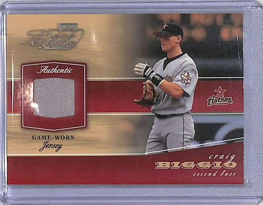 Baseball card featuring Craig Biggio with game-worn jersey patch from 2002 Playoff