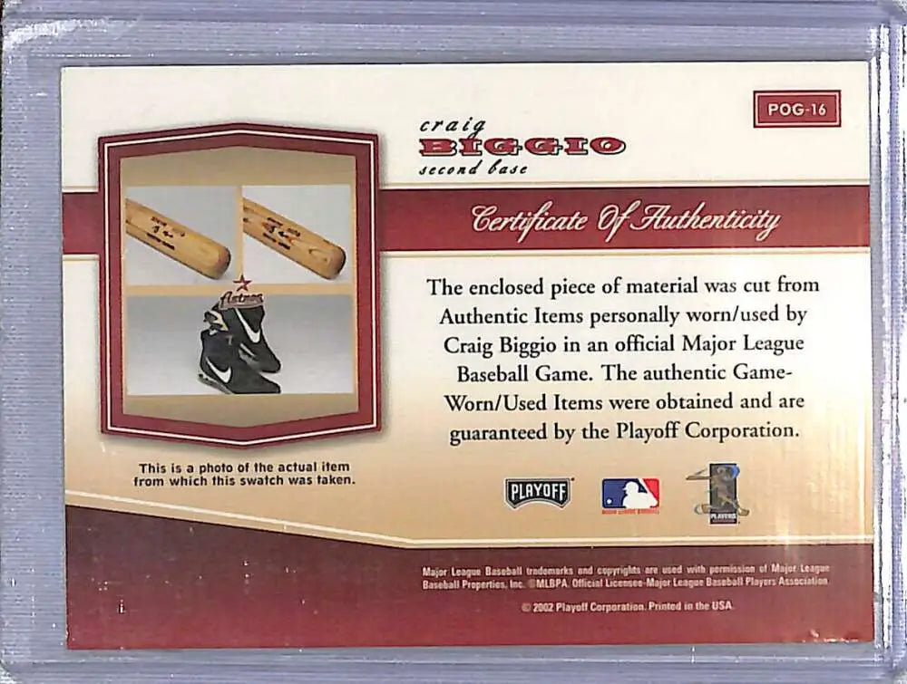 Certificate of authenticity for Craig Biggio materials game-used baseball memorabilia