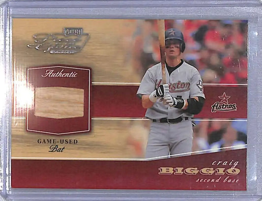 Baseball trading card of Craig Biggio with game-used bat piece from Playoff Piece