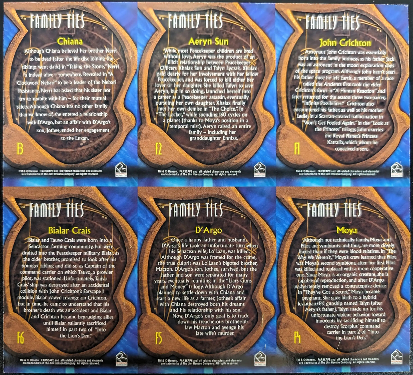 Collection of six Family Ties foil chase cards on an uncut sheet for Farscape fans