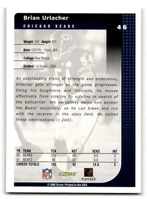 Brian Urlacher football card 2002 Score #46, a must-have for trading cards collectors