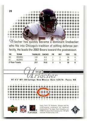 Brian Urlacher 2002 SP Authentic #20 trading card showcasing the NFL star