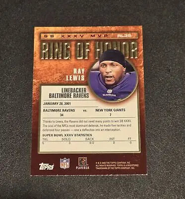 Ray Lewis football card RL35 Ray Lewis Ring of Honor from 2002 Topps Chrome